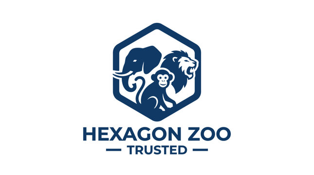 Zoo logo with elephant, lion, and monkey inside hexagon graphic element