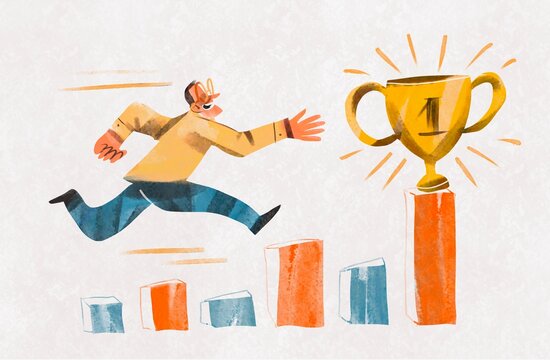 Man Running Toward Trophy on Rising Steps &ndash; Success and Achievement Co