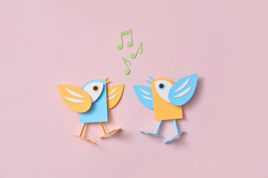 Paper spring craft birds sing with music note