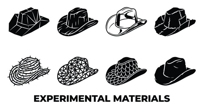 Collection of eight black and white icons representing experimental cowboy hats with unique geometric patterns and textures.