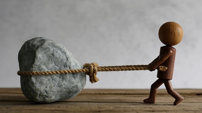 Business challenge concept with figure pulling heavy burden using rope