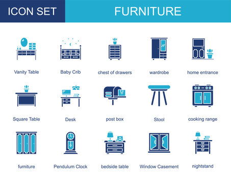 furniture icon collection set. with Vanity Table,Baby Crib,chest of drawers,wardrobe,home entrance,Square Table,Desk