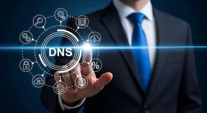 Business man touching DNS system network graphic interface concept icon on virtual screen