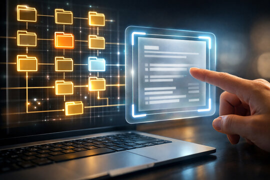 Hand interacting with holographic document management system, digital file organization, enterprise data retrieval, cloud storage, records management, document indexing, business technology, workflow 