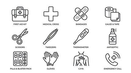 Fototapeta premium Set of First Aid Icons Including Medical Supplies.
