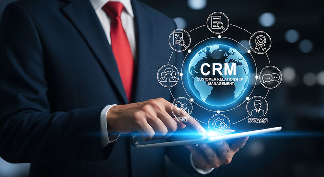 Businessman using digital tablet managing customer relationship management system CRM