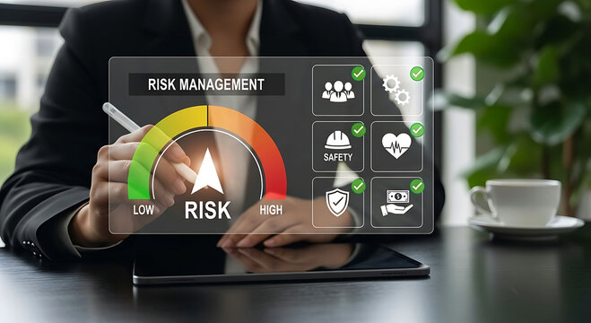 Businessman pointing at digital risk management dashboard with gauge on tablet