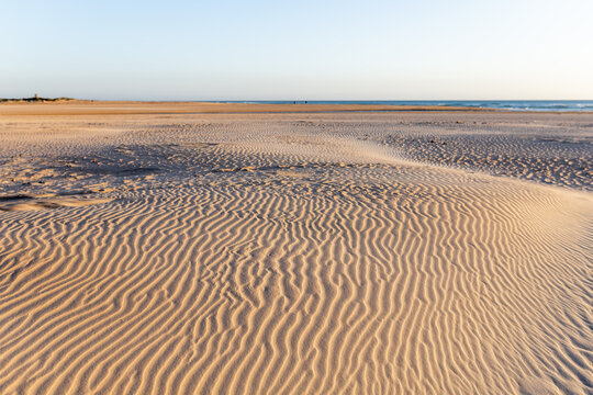 Sand dunes with ripple patterns on a beach at sunset