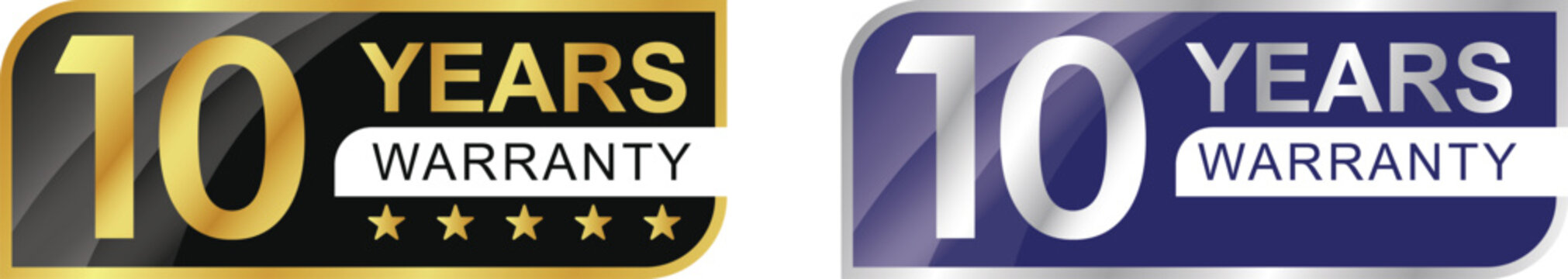 10 year warranty logo. Rhombus shape with gold and silver colors, for labels, badges, icons, . Vector illustration