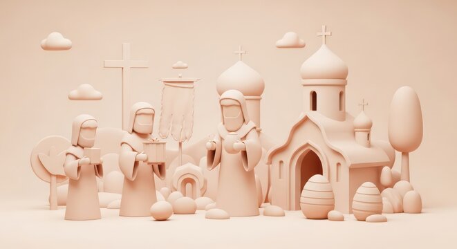 Monochrome 3d render of religious figures and church