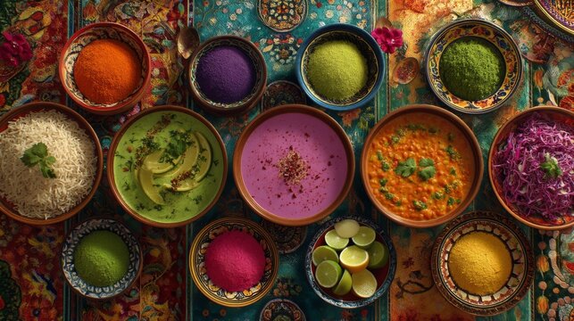 Vibrant Spread of Colorful Indian Spices, Rice, and Various Dishes Arranged Beautifully on Traditional Textile Background