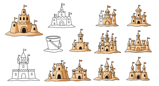 Collection of Diverse Sandcastle Illustrations and Designs.