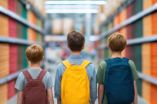Back to school shopping child backpack boys store aisle education back to school shopping with three child carrying backpack store aisle during