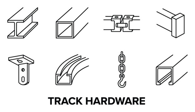 Different types of track hardware for curtains and stage rigging, including brackets and rails.