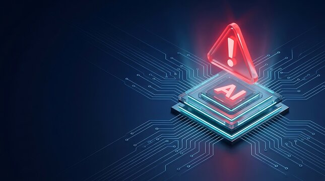 Glowing AI chip with a red warning triangle icon and circuit board background, representing artificial intelligence errors or risks.