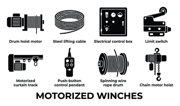 Eight black silhouette icons representing components of motorized winches and hoists.