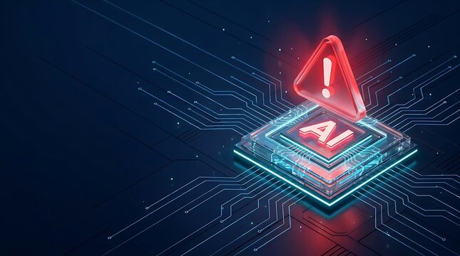 Abstract AI technology concept with glowing "AI" text on a circuit board, symbolizing warning or error alerts