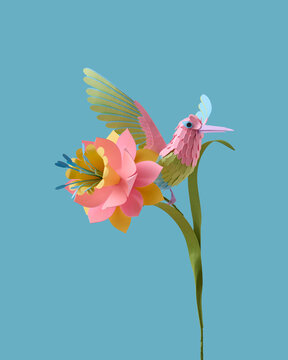 Paper hummingbird on flower, teal spring craft