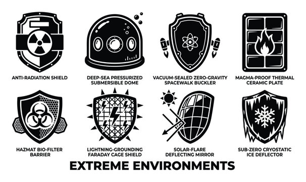 Extreme environments protection shields icons collection vector illustration set.