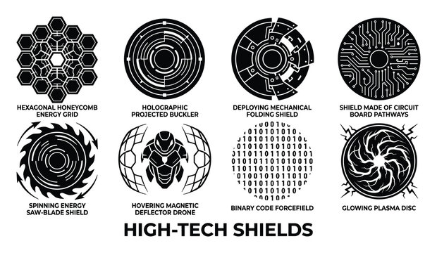 High tech shield designs featuring hexagonal honeycomb energy grids binary code forcefields and circuit board pathways.