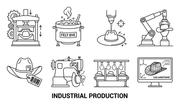 Industrial production of hats using machinery press dyeing machinery sewing machine and robotic arm assembly.