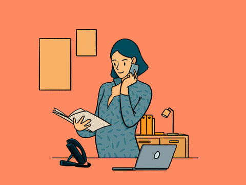 Woman multitasking working while talking on phone