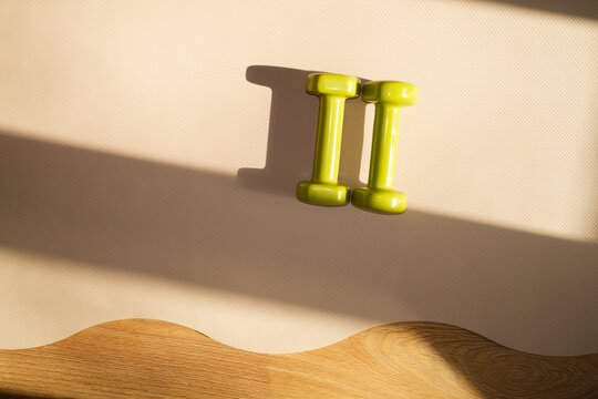 Exercise equipment placed on a mat with sunlight shining in a home 