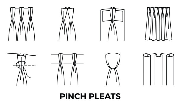 Pinch pleats curtain heading techniques illustration and examples for sewing and drapery design tutorials.