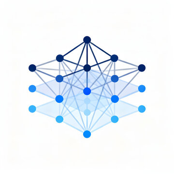 Abstract representation of a multi-layered neural network with interconnected nodes and varying blue hues.