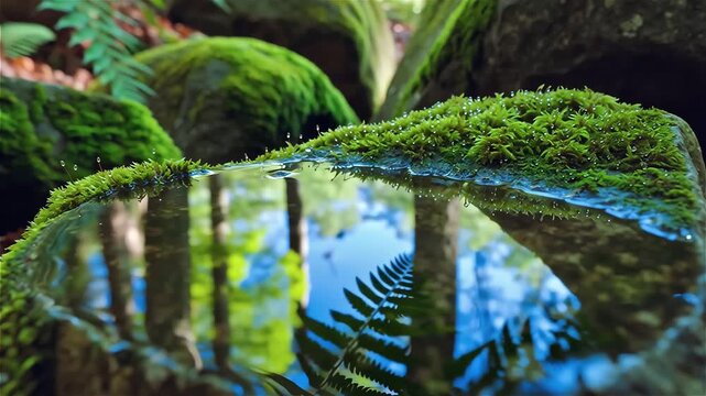 Close up of water drop creating ripples on mossy rocks in forest.
