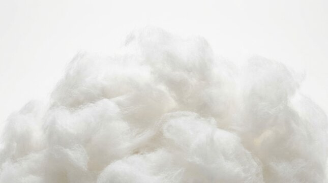 Macro shot of white soft fluffy polyester fiberfill or cotton batting with visible intertwined fibers and light textures against a white background for craft, textile, or industrial use.