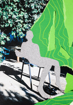 Analog collage silhouette of a woman reading