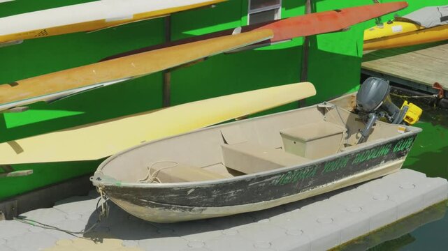 Victoria, BC, Canada - June 1, 2025: Aluminum coaching dinghy at youth water sports facility