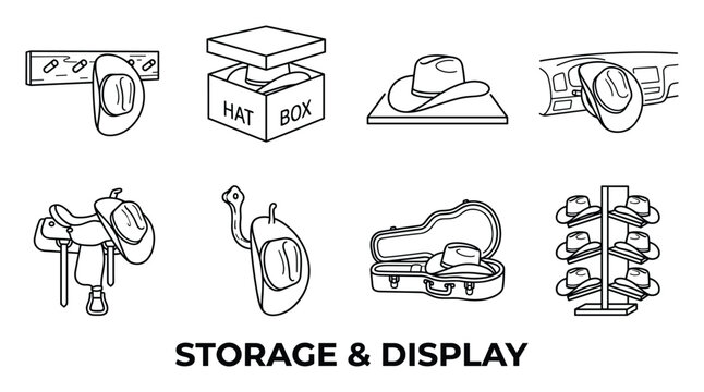 Set of outline icons showing cowboy hat storage and display methods with boxes, racks, and cases.