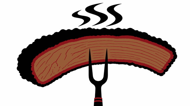 Smoked brisket slice on fork, steam rising from barbecue meat, graphic element
