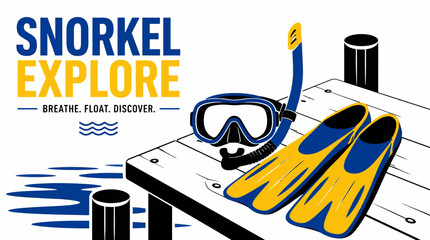 Snorkel gear on wooden dock, water waves illustration, explore concept graphic © paloma