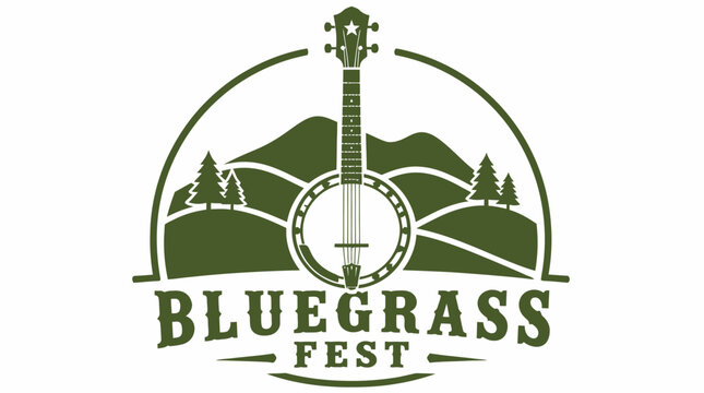 Vector illustration of a banjo silhouette with mountains and trees for a "Bluegrass Fest" graphic element.