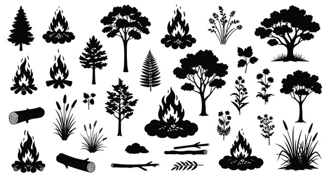 Collection of various outdoor elements including trees campfires and plants.