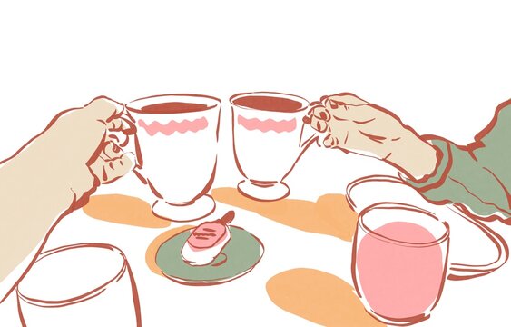 Cute tea time in cafe, friends meeting