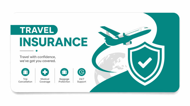 Travel insurance concept with airplane, shield and icons, vector illustration