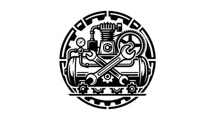 Black and white train engine logo. © Kuku