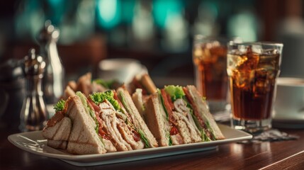 Fototapeta premium Delicious club sandwich served on a white plate with refreshing drinks in a cozy restaurant setting, perfect for food lovers and dining experiences