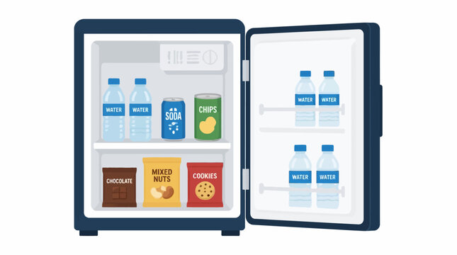 Open refrigerator filled with drinks and snacks, vector illustration
