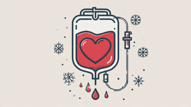 Medical blood bag with red heart symbol and blood drops amid snowflakes for healthcare themes
