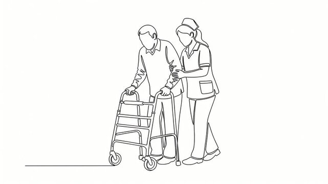 Nurse assisting elderly man with walker in sketch style.