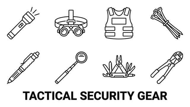 Tactical security gear icons including flashlight, binoculars, vest, zip ties, pen, magnifier and tools.