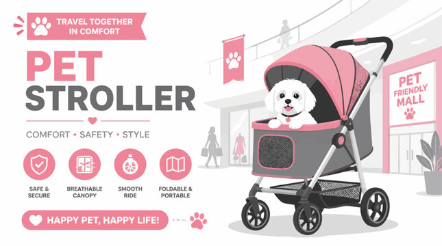 Cute bichon frise dog in pink pet stroller at mall, vector illustration