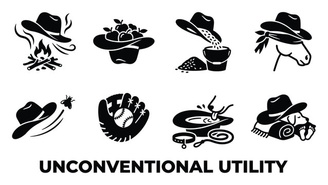 Unconventional utility cowboy hat illustrations showing hats used for various practical and unusual purposes.