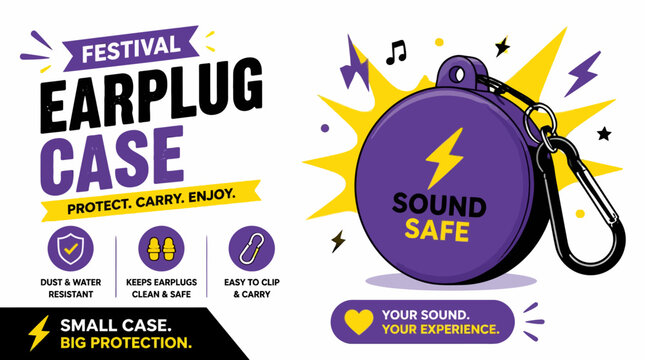 Festival earplug case with sound protection and portability features, graphic element