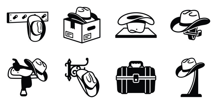 Various cowboy hats stored and displayed in different settings like saddles, boxes, and stands.